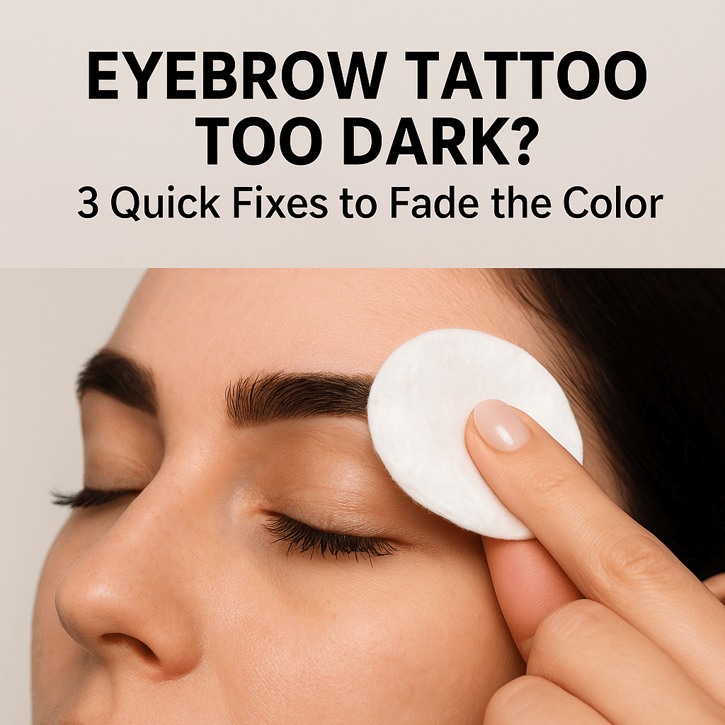 Guide showing three methods to fade an eyebrow tattoo that is too dark including vinegar compresses and laser removal
