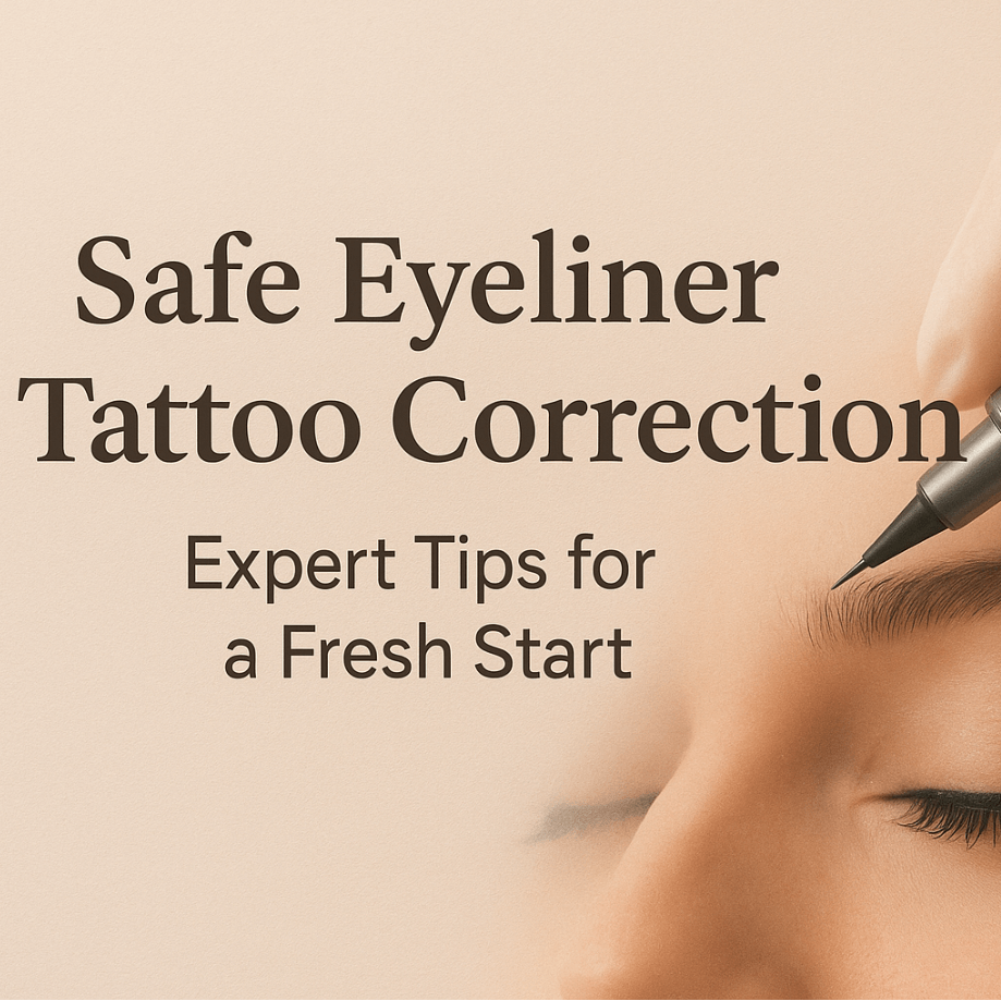 Guide showing how to safely correct permanent eyeliner tattoo mistakes including uneven lines and color shifts