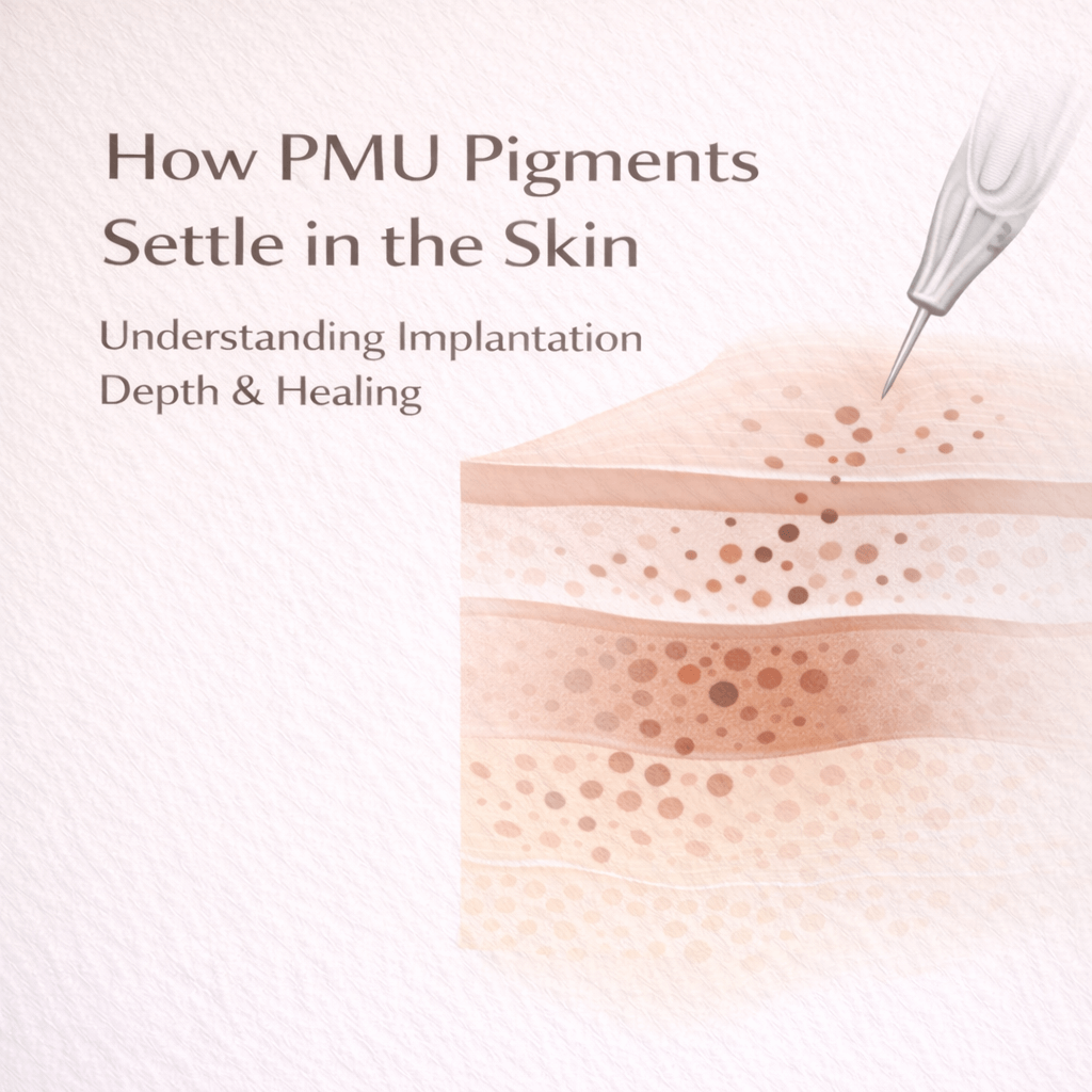 Educational illustration showing how PMU pigments settle into different skin layers during healing