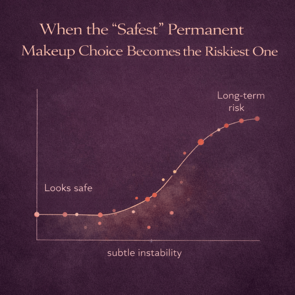 Risk spectrum illustration showing how a permanent makeup choice that appears safe can carry higher long-term risks over time