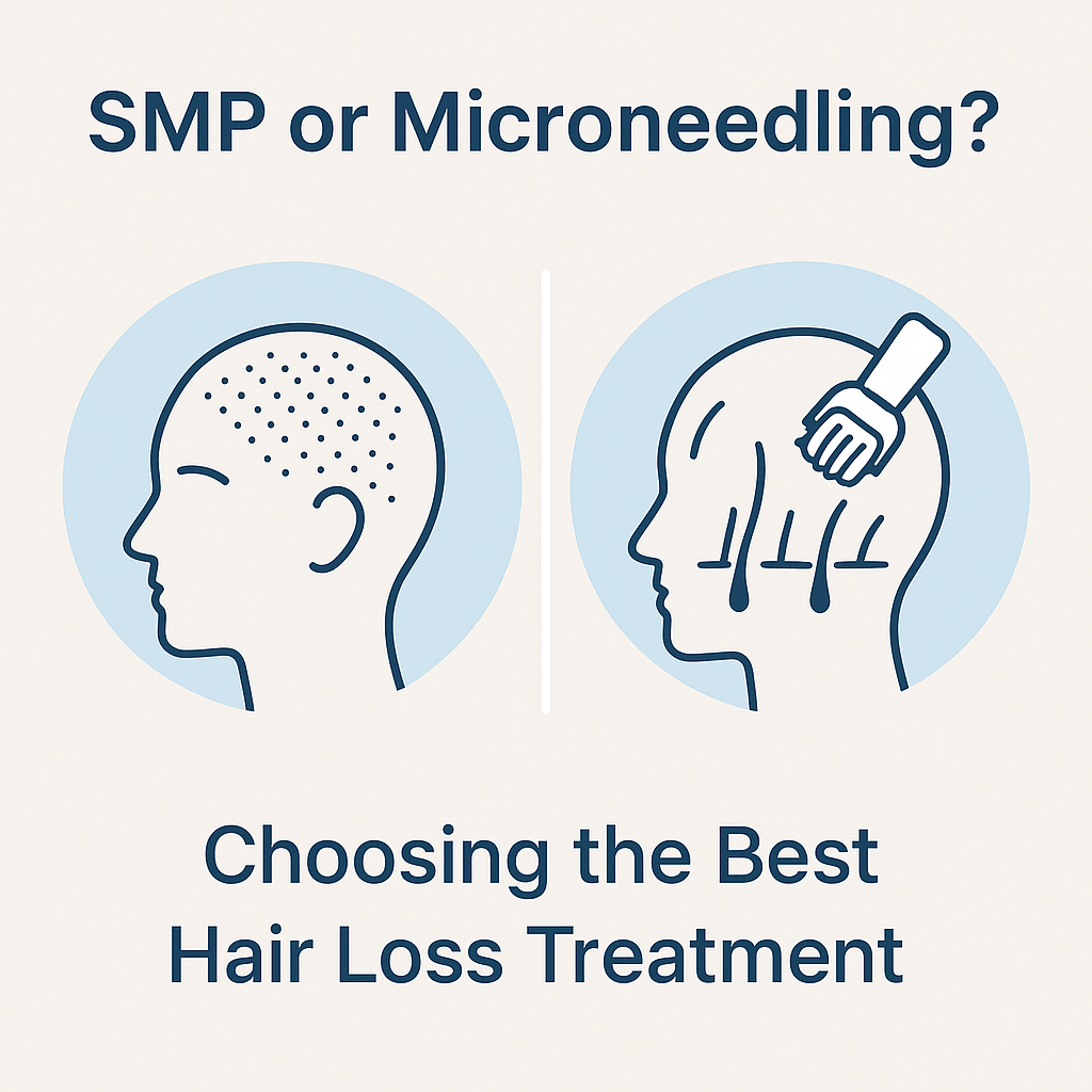 Comparison guide showing scalp micropigmentation versus microneedling for hair loss treatment