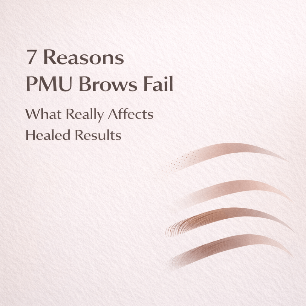 Educational PMU blog cover with abstract eyebrow line illustration for reasons brows fail