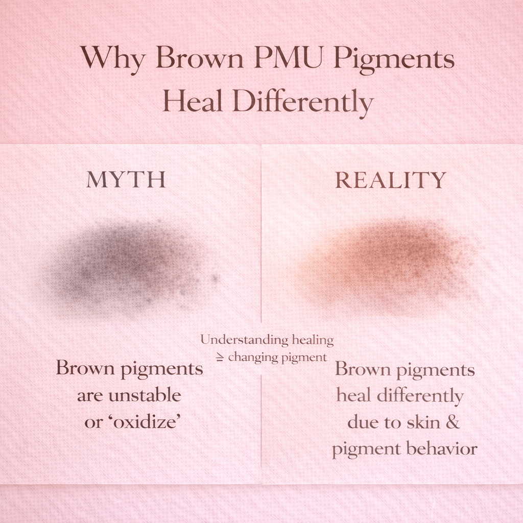 Educational cover explaining common myths and realities about how brown PMU pigments heal differently