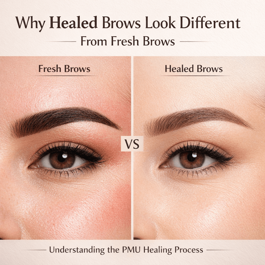 Fresh brows vs healed brows comparison showing PMU eyebrow healing process