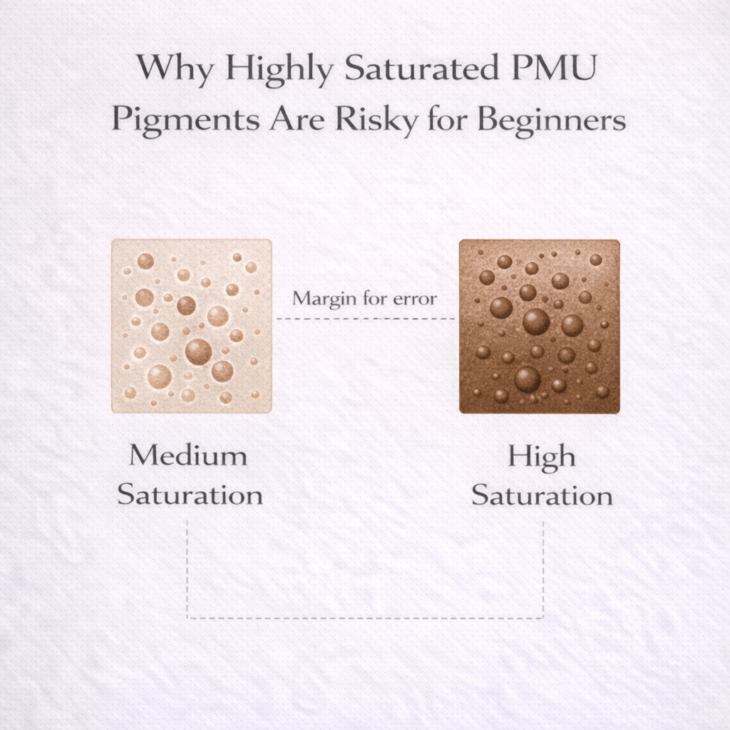 Diagram-style cover showing differences between medium and highly saturated PMU pigments for beginner artists