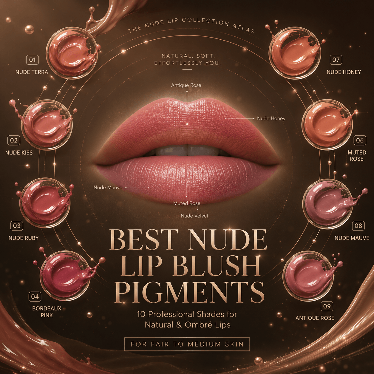 Luxury editorial cover featuring a nude ombré lip surrounded by ten professional nude lip blush shades designed for fair to medium skin tones and modern PMU lip blush techniques.