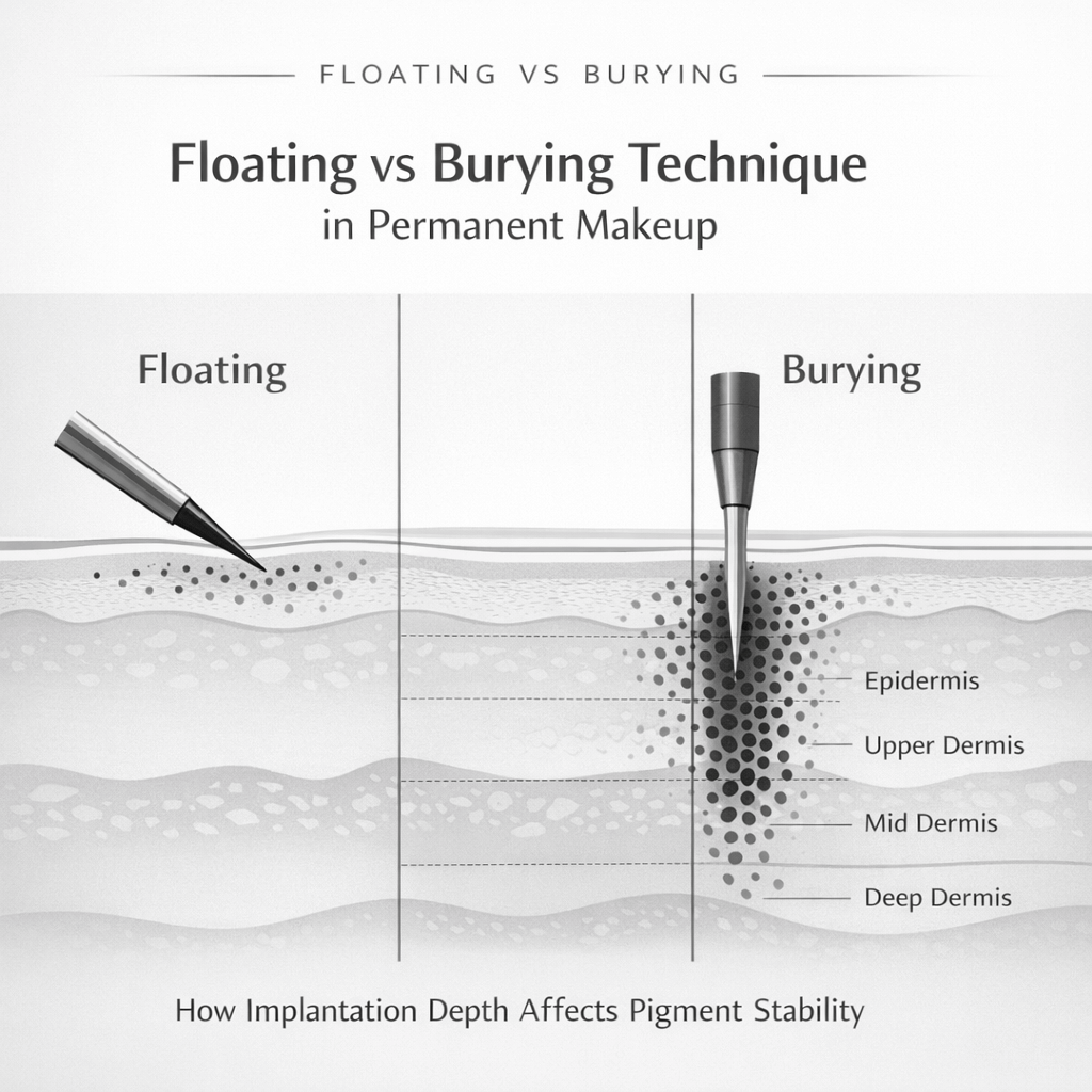 Diagram comparing floating and burying techniques in permanent makeup, showing how implantation depth affects pigment stability in the dermis