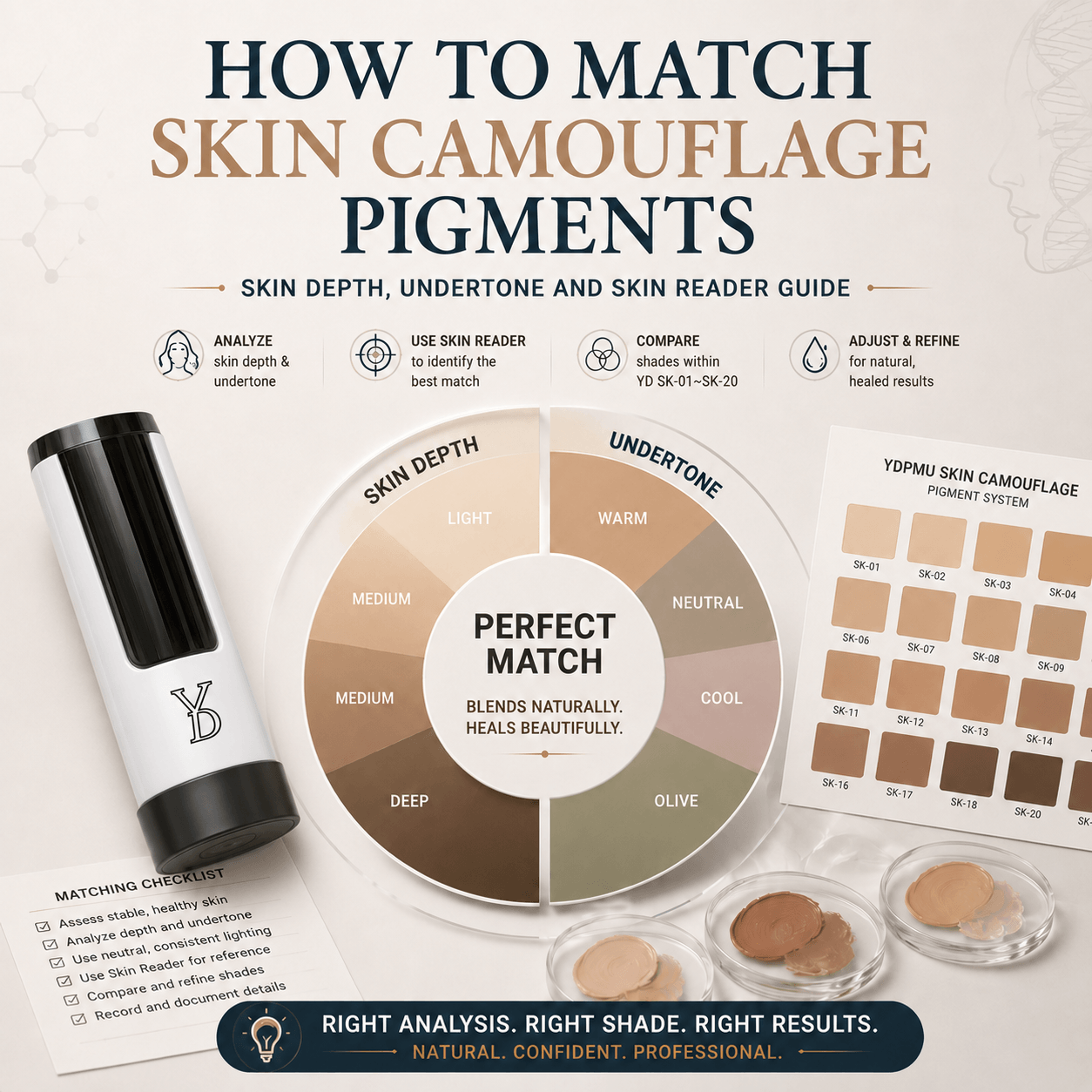 YDPMU skin camouflage pigment matching guide showing the Skin Reader, skin depth and undertone chart, SK-01 to SK-20 shade system, and pigment samples.