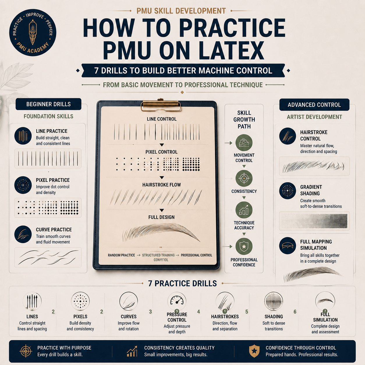 Professional PMU training infographic showing latex practice skin drills, machine control exercises, and skill progression from basic lines to advance