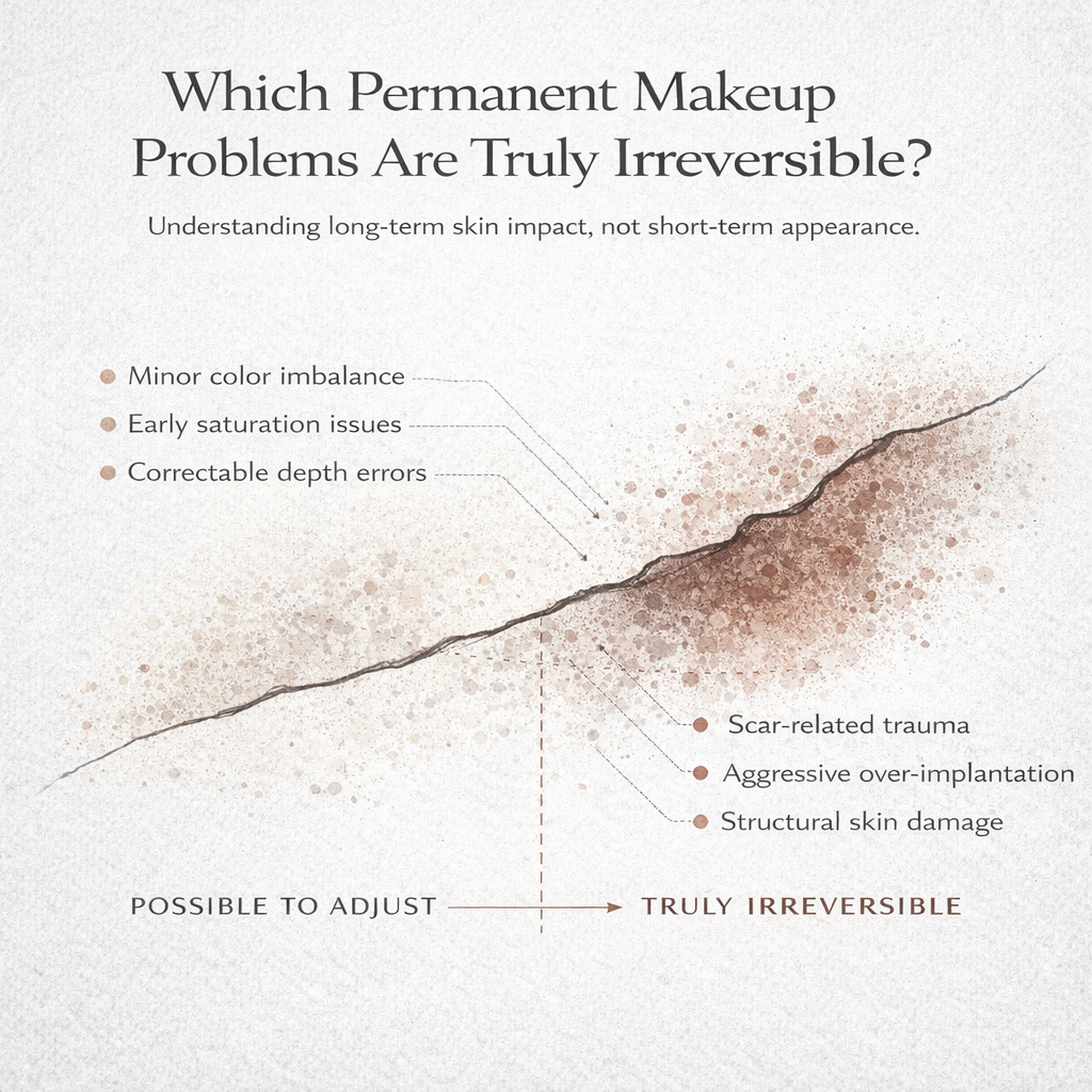 Editorial diagram illustrating which permanent makeup problems are irreversible based on long-term skin impact rather than appearance