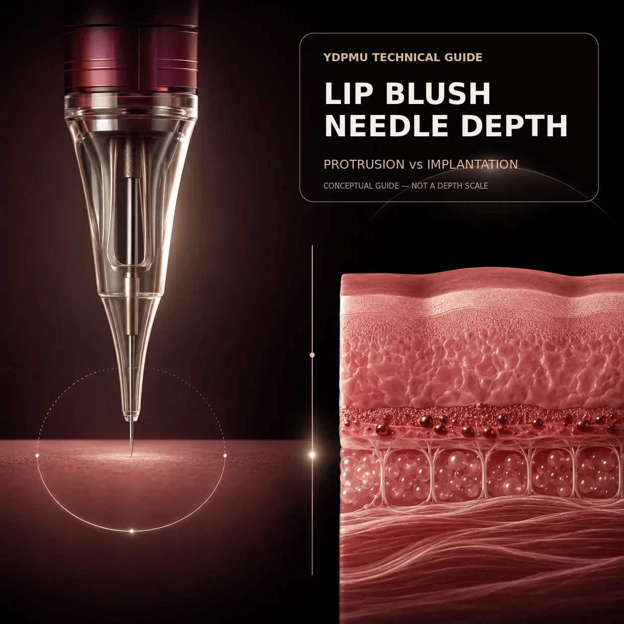 Lip blush needle depth guide comparing needle protrusion with implantation depth