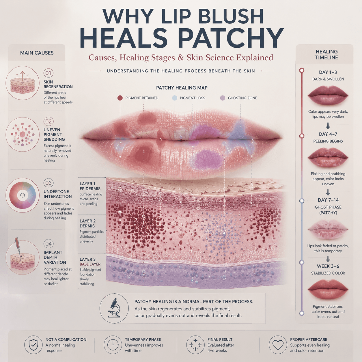 Medical-style infographic explaining why lip blush heals patchy, showing skin layers, pigment distribution, and healing timeline from Day 1 to Week 6.