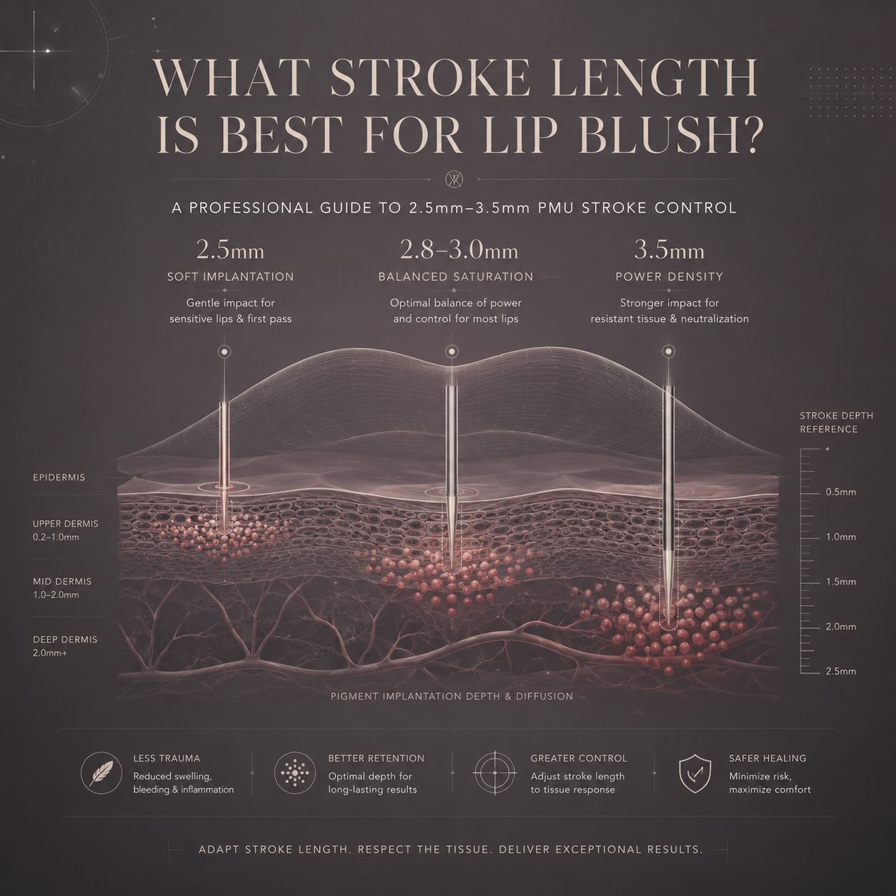 Technical comparison showing how different PMU stroke lengths affect lip trauma, swelling, and pigment implantation.