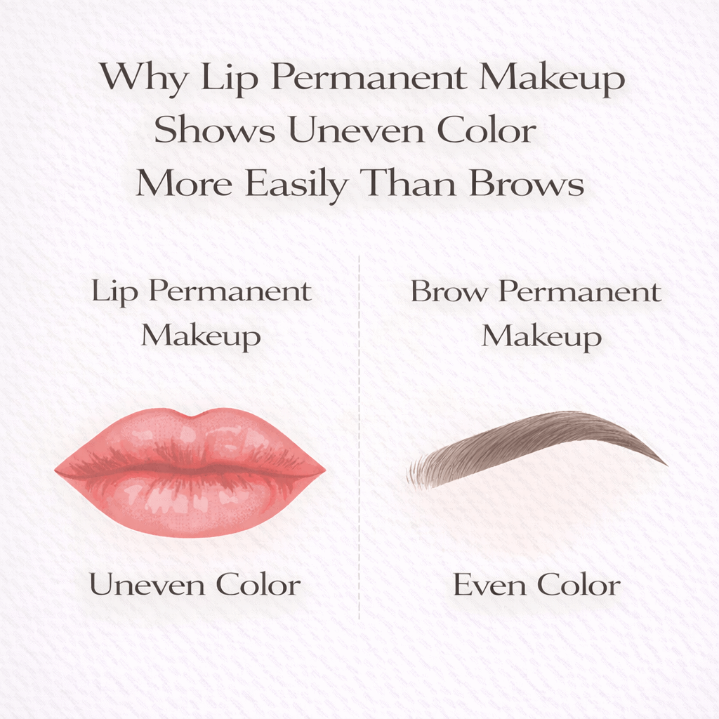 Illustration comparing lip and brow permanent makeup, showing why lips tend to display uneven color more easily than brows