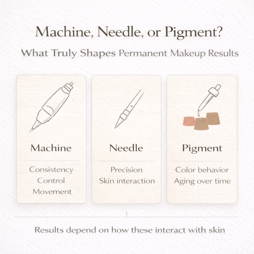 Diagram showing how machine, needle, and pigment each influence permanent makeup results