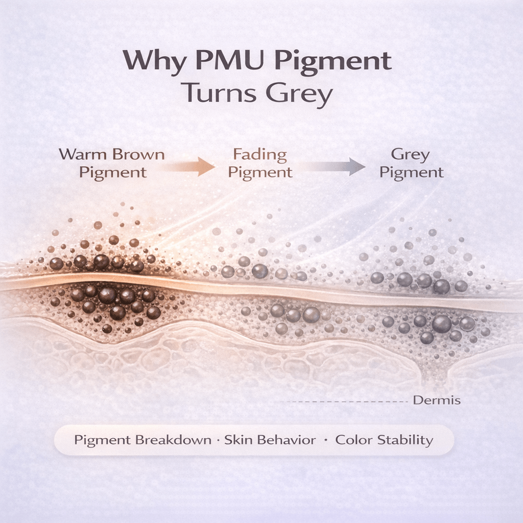 Guide explaining why permanent makeup pigment turns grey over time due to pigment composition, implantation depth, and natural fading