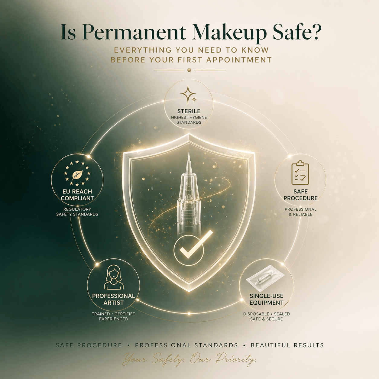 Minimal luxury infographic representing permanent makeup safety standards with shield icon, sterile procedure symbols, and regulatory compliance elements.