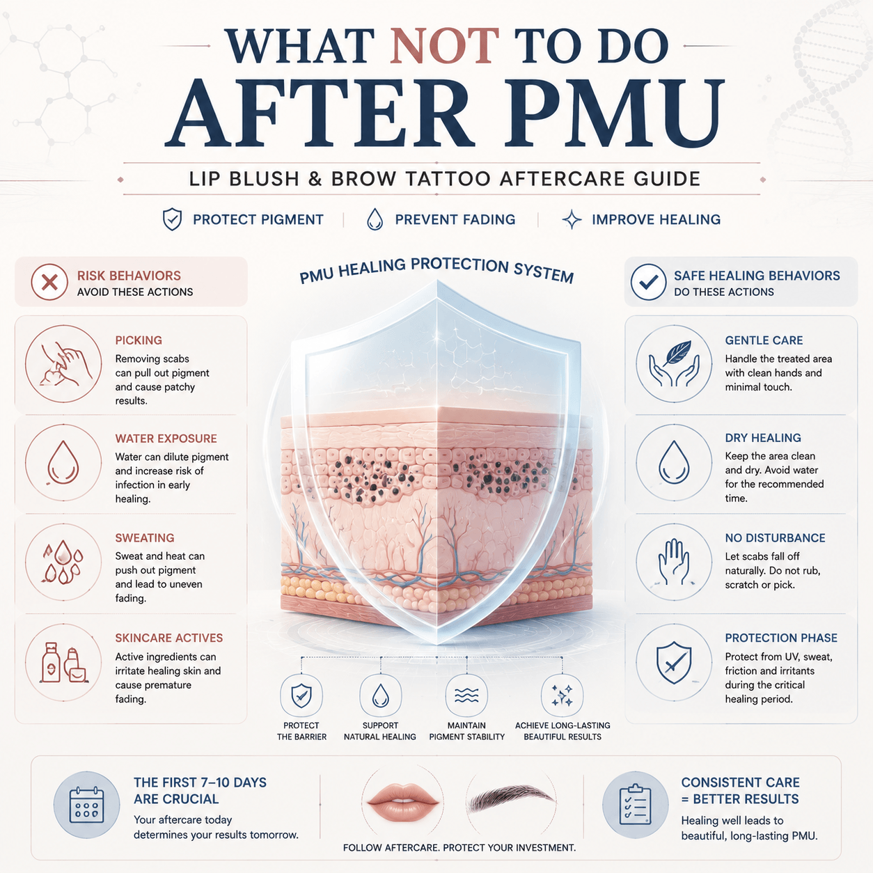 Medical style infographic showing PMU aftercare protection system with risk behaviors and safe healing practices for lip blush and brow tattoo.