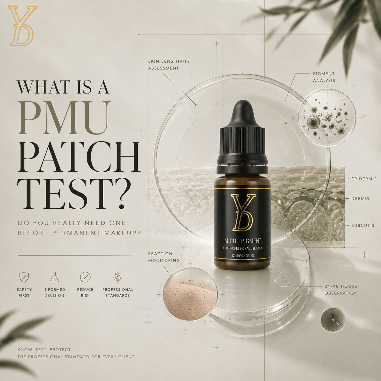 Luxury clinical editorial style cover illustrating PMU patch testing, pigment safety, and skin sensitivity assessment before permanent makeup.