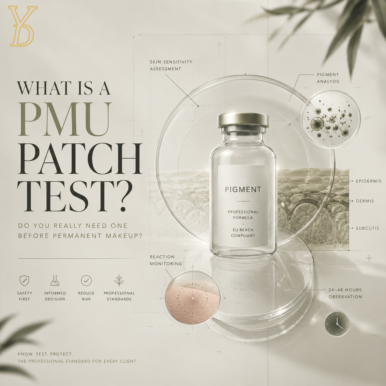 Luxury clinical editorial style cover illustrating PMU patch testing, pigment safety, and skin sensitivity assessment before permanent makeup.