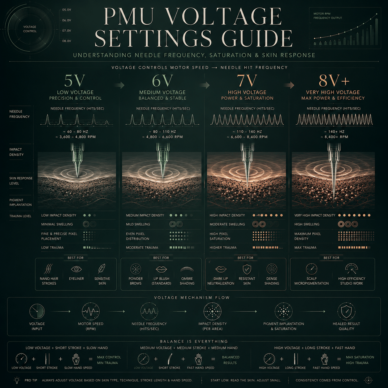 Luxury technical illustration explaining how different PMU voltage settings affect needle frequency, pigment saturation, and skin response across multiple permanent makeup techniques.