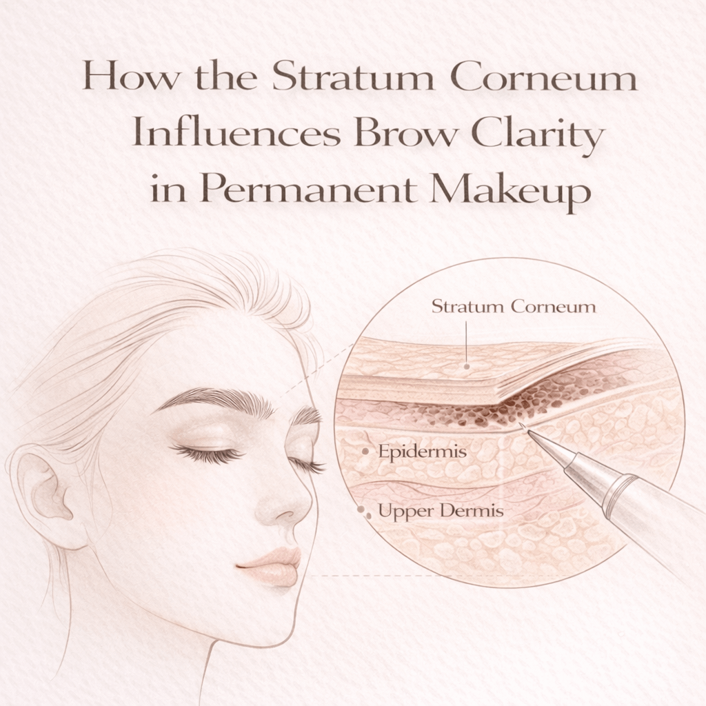 Medical illustration showing how the stratum corneum and skin layers affect brow clarity in permanent makeup procedures