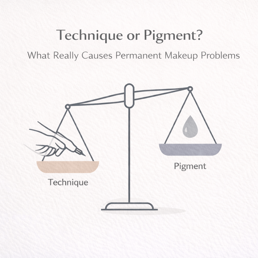 Minimalist balance icon illustrating technique and pigment as key factors influencing permanent makeup problems