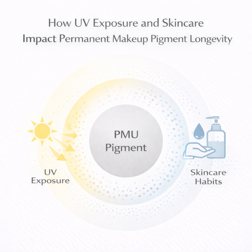 Illustration showing how UV exposure and skincare routines influence permanent makeup pigment longevity using layered halo and abstract symbols