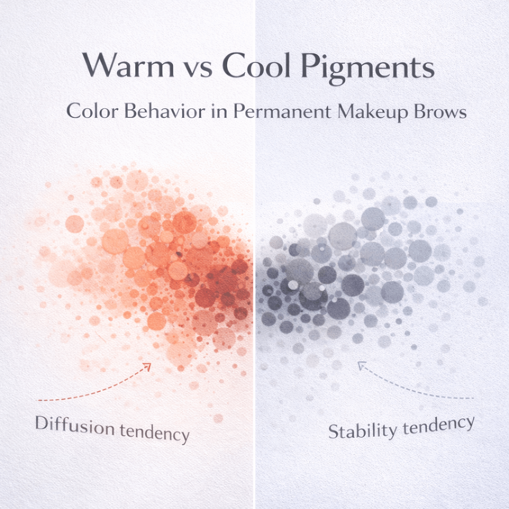 Abstract color science illustration comparing warm and cool pigments in permanent makeup and their stability and diffusion behavior