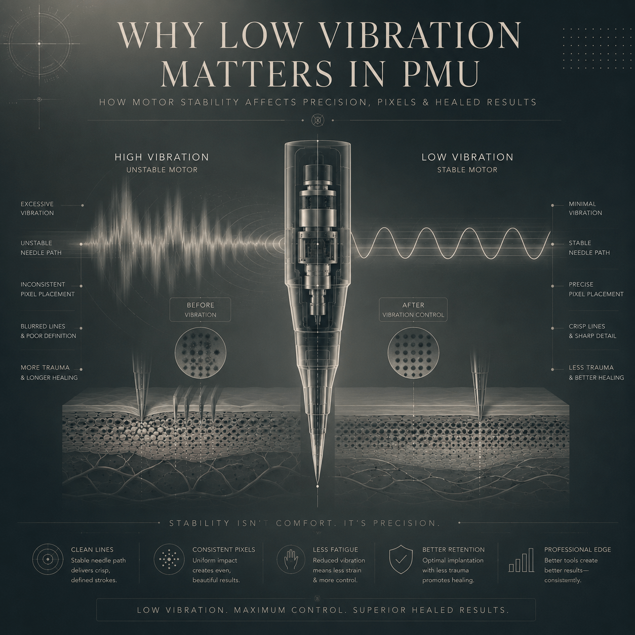 Luxury technical illustration showing how low vibration in PMU machines improves line precision, pixel consistency, and artist control.