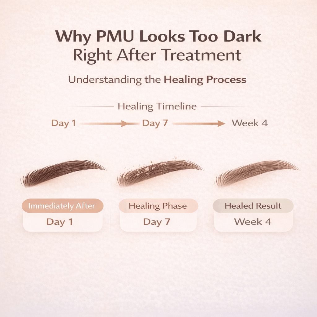 Diagram showing why permanent makeup appears darker immediately after treatment and becomes lighter during the healing process