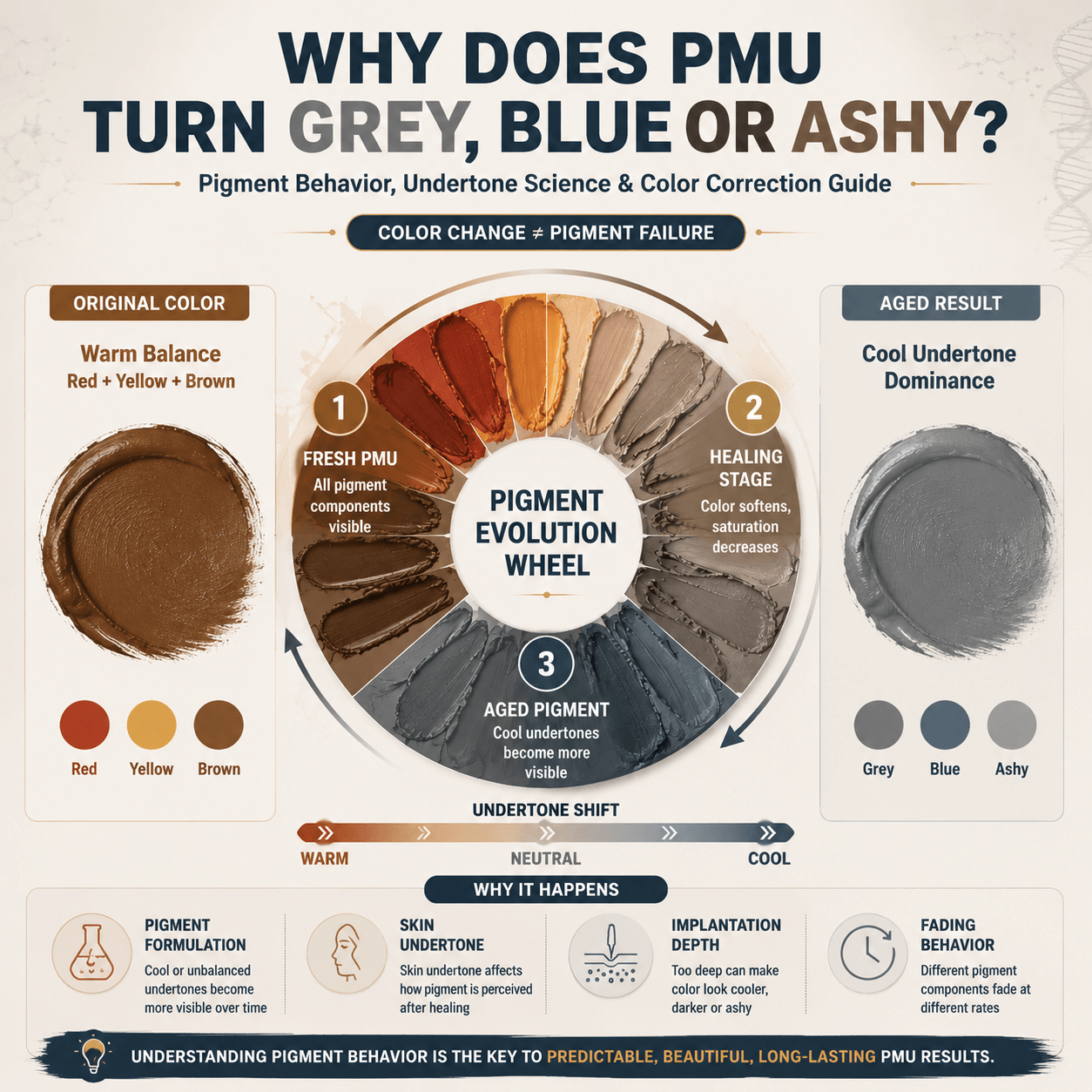 Color science infographic showing how permanent makeup pigment shifts from warm brown tones to grey blue and ashy tones through healing and long-term fading.