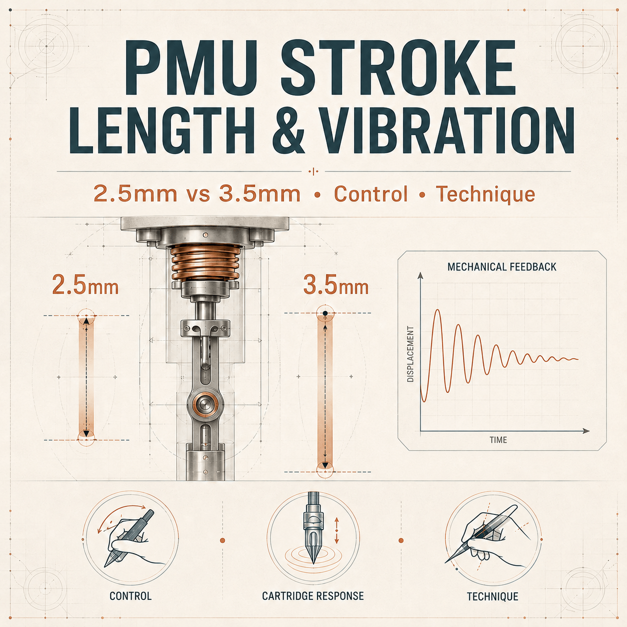 PMU machine stroke length and vibration guide comparing 2.5mm and 3.5mm mechanical travel