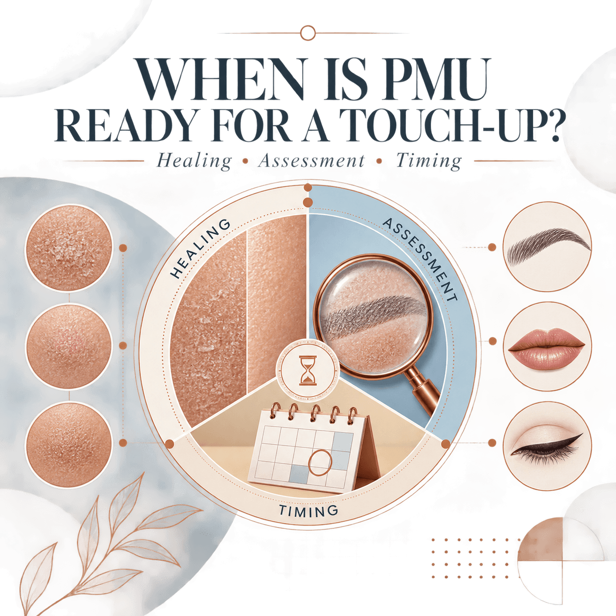 PMU touch-up timing guide showing healing, professional assessment and treatment planning