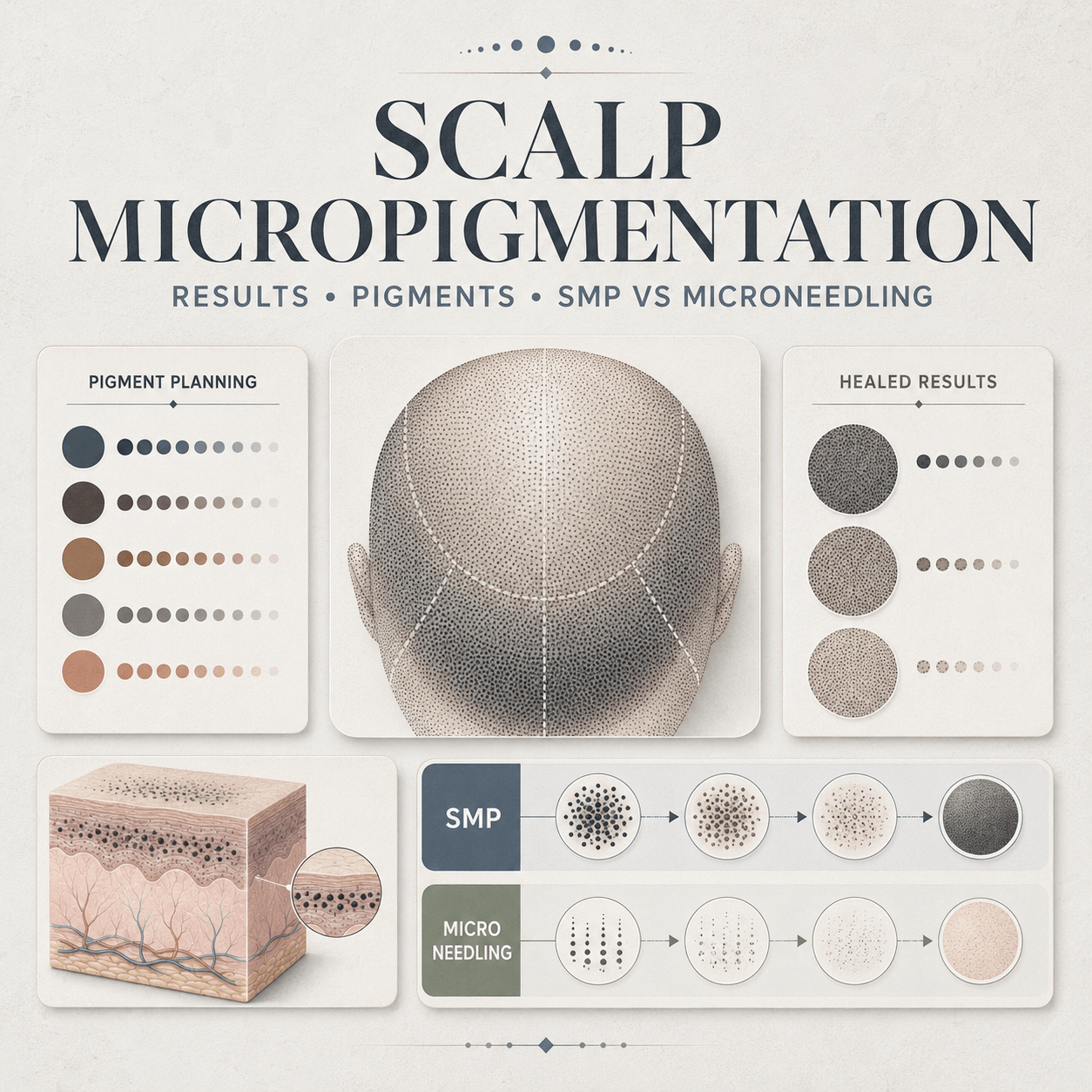 Scalp micropigmentation guide covering SMP results, pigment planning, healed outcomes and SMP versus microneedling