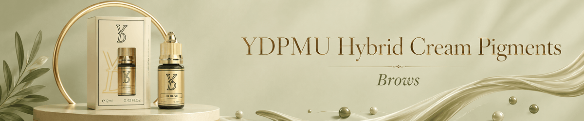 YDPMU Hybrid Cream PMU Pigments displayed with professional pigment bottles and color swatches