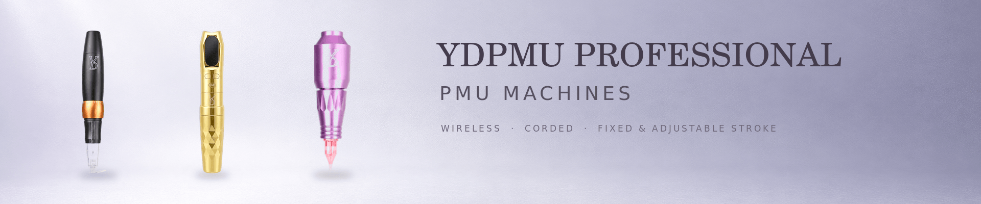 YDPMU professional wireless and corded PMU machines arranged in one row on a pearl lavender background