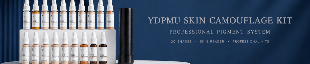 YDPMU Skin Camouflage professional pigment system with 20 shades and Skin Reader on a pearl blue display