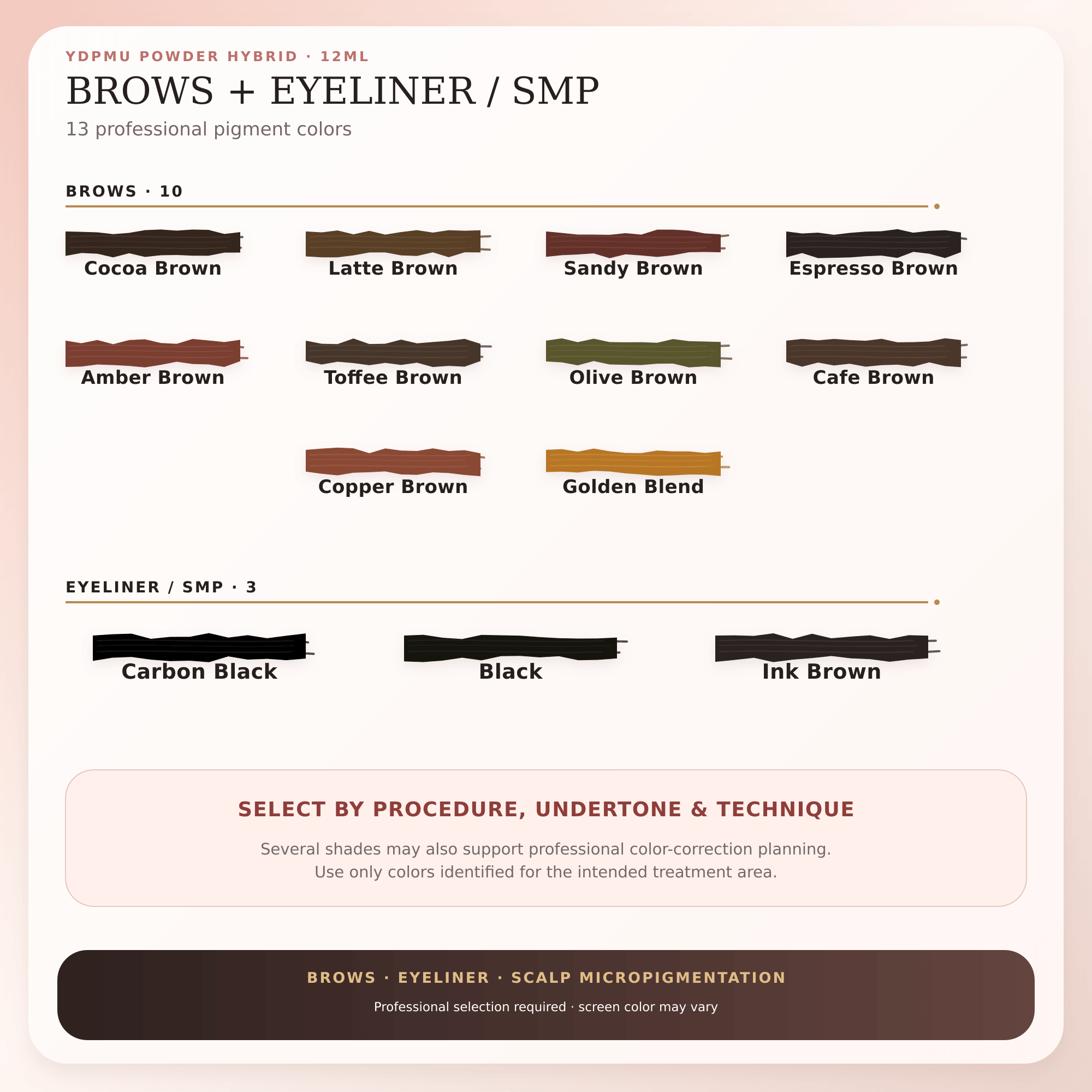 YDPMU Powder Hybrid brow eyeliner and SMP pigment color guide with 13 professional shades