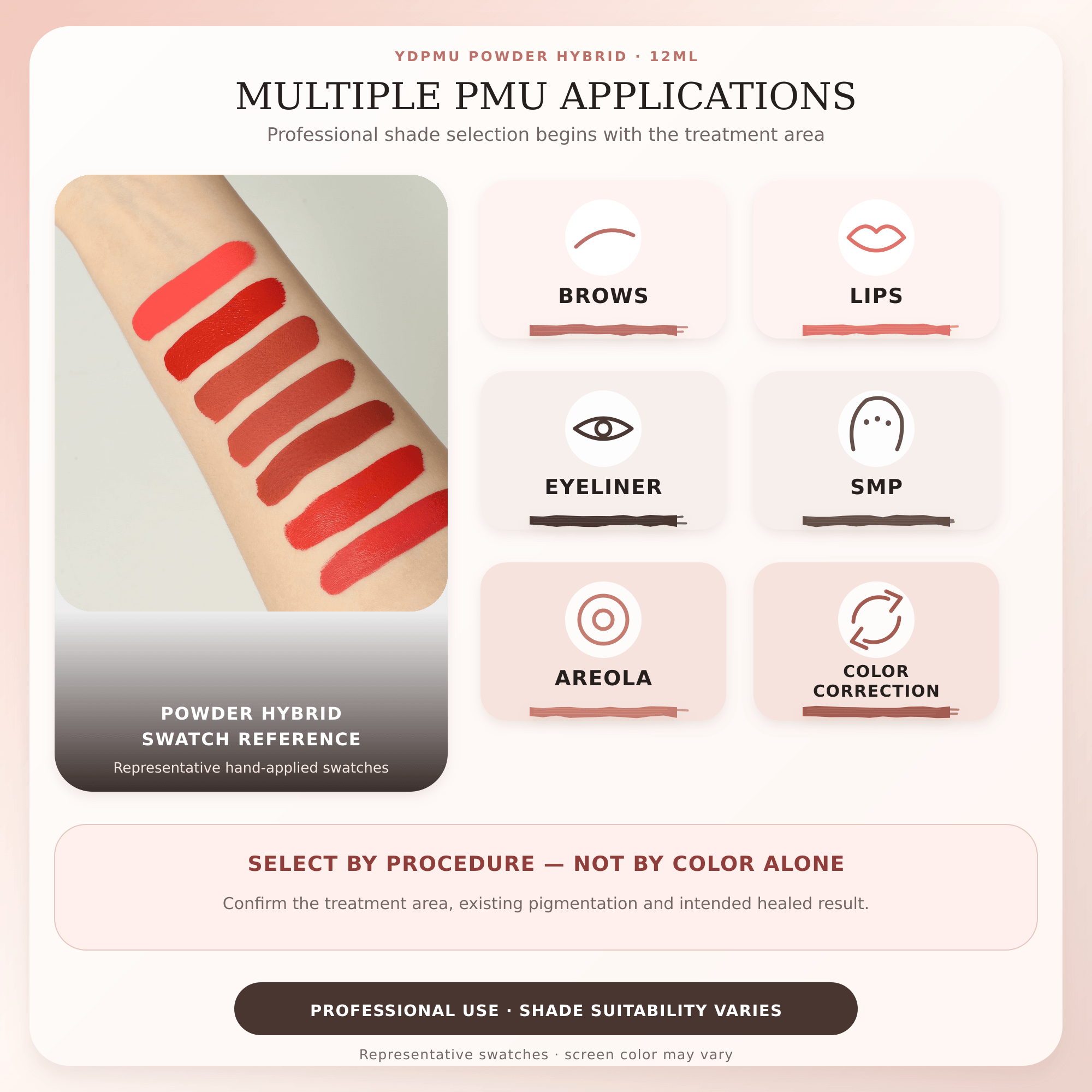 YDPMU Powder Hybrid hand-applied swatches and applications for brows lips eyeliner SMP areola and color correction