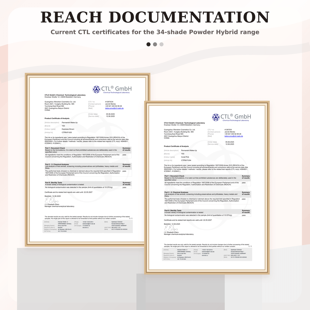 YDPMU Powder Hybrid pigment REACH documentation featuring current CTL certificates for Espresso Brown and Coral Pink
