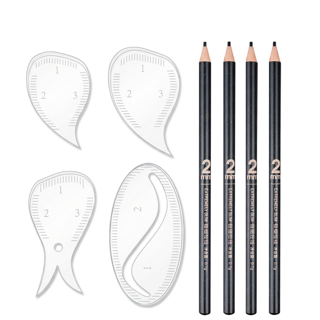 Eight-piece PMU mapping kit with four transparent marked templates and four black mapping pencils on a white background