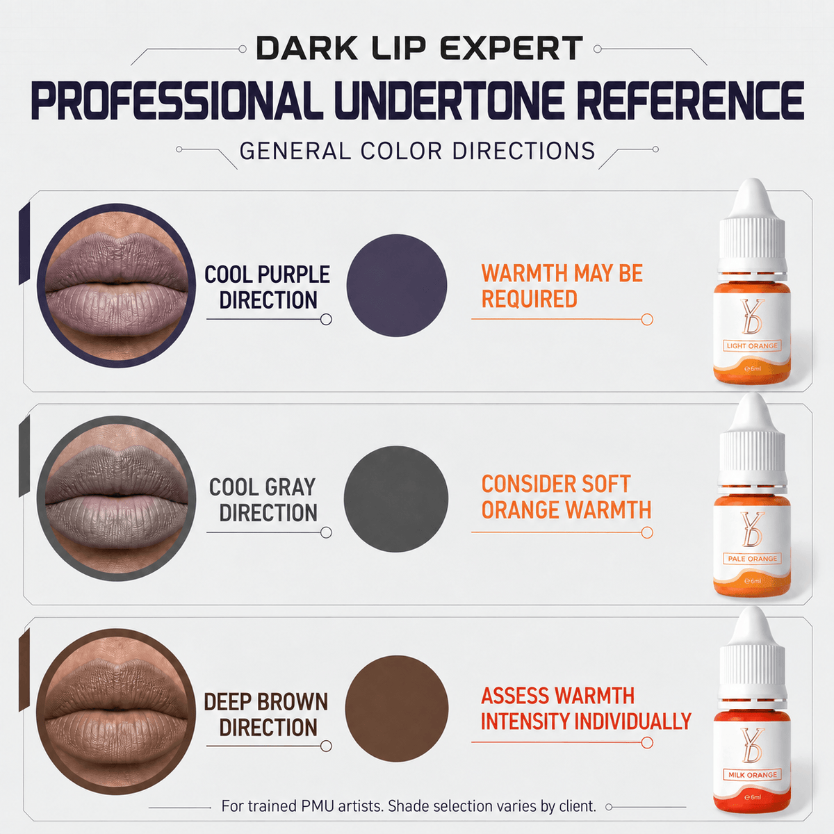 Professional undertone reference for cool purple, cool gray and deep brown lip color directions