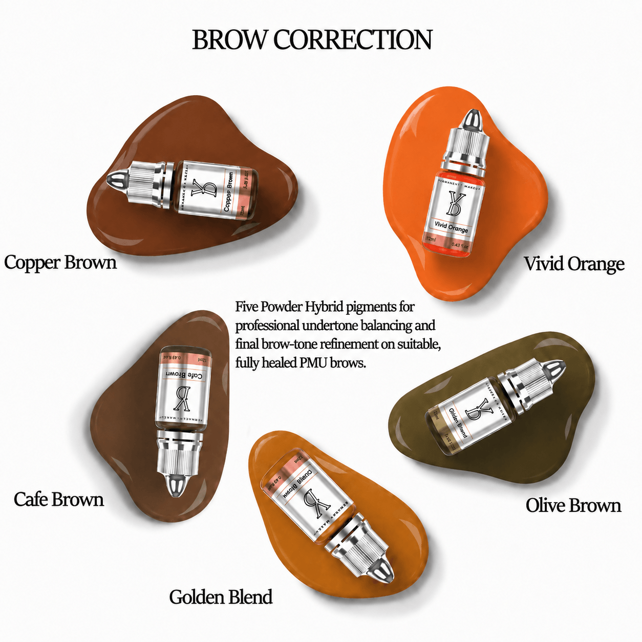YDPMU five-color Powder Hybrid brow correction pigment set with Vivid Orange, Copper Brown, Golden Blend, Olive Brown and Cafe Brown