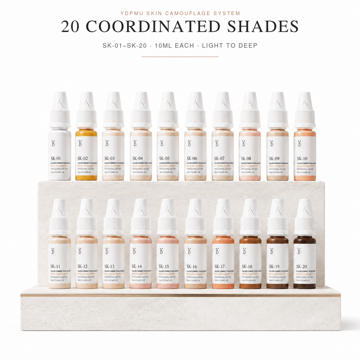 YDPMU SK-01 to SK-20 skin camouflage pigments displayed on a premium white two-tier stand