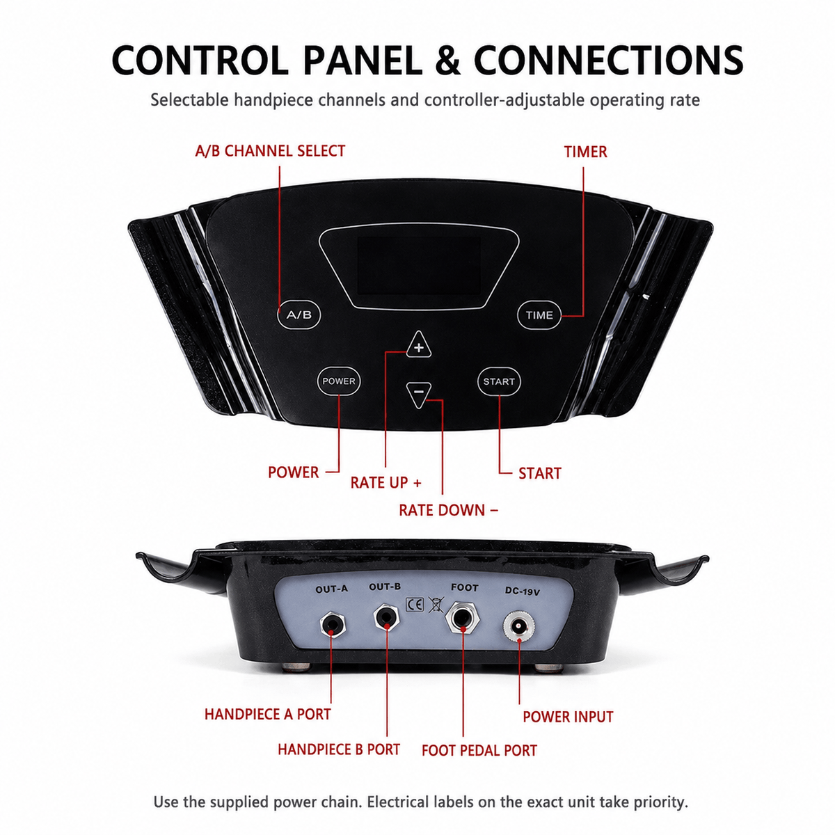 YDPMU Black Pearl 3.0 control panel with handpiece, foot pedal and power connection ports