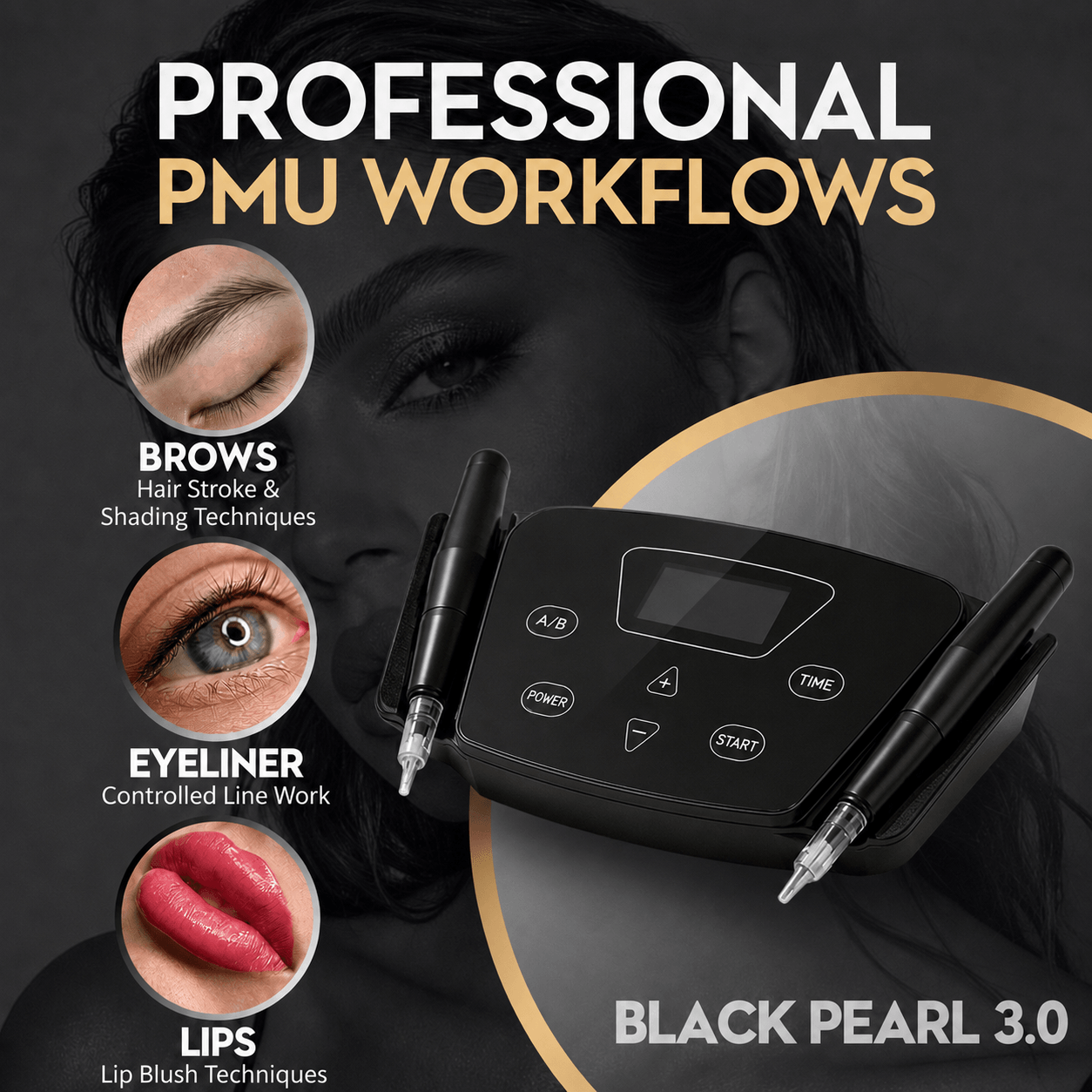 YDPMU Black Pearl 3.0 dual-handpiece PMU machine for brow, eyeliner and lip workflows