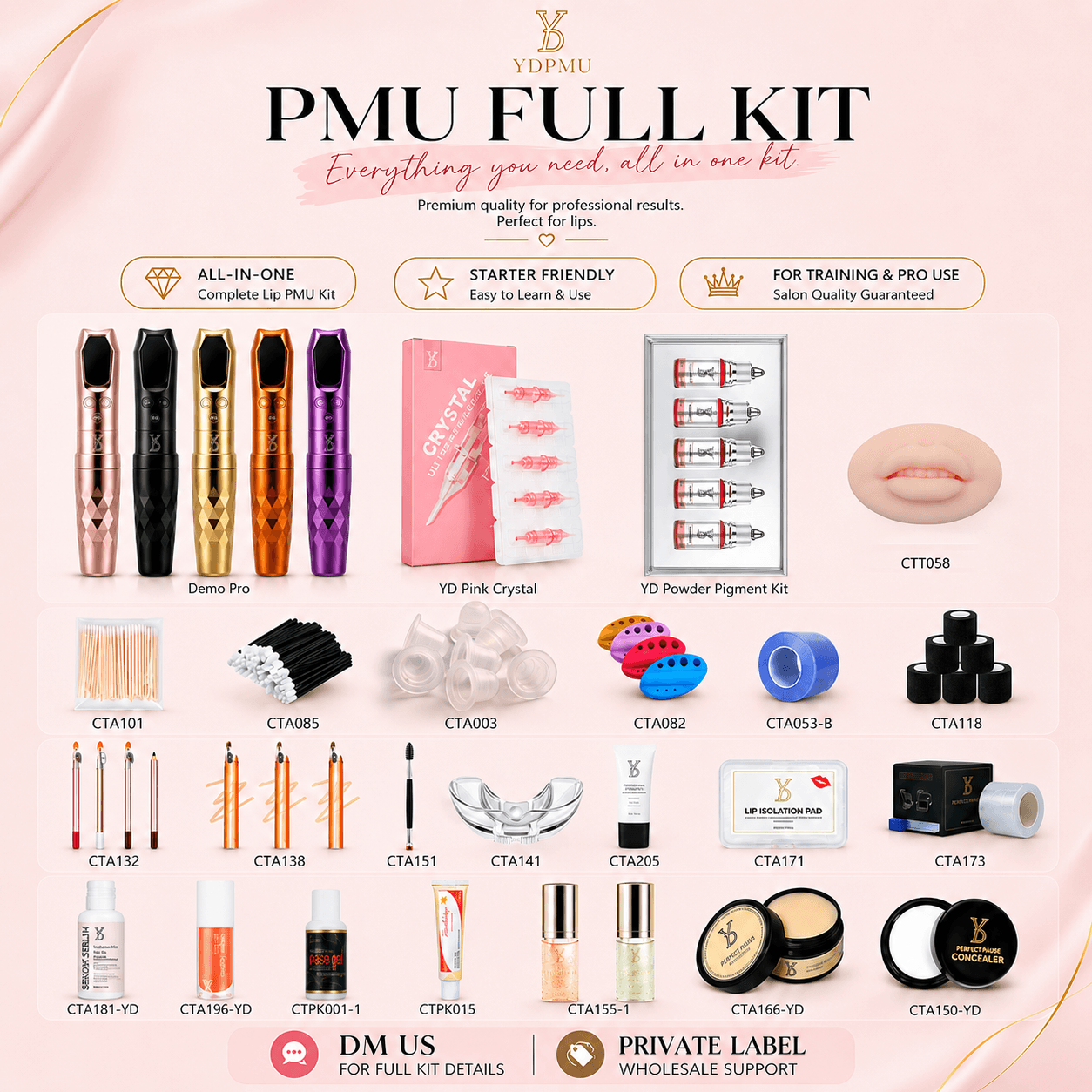 YDPMU complete lip blush PMU starter kit with DEMO Pro machine, five pigments, cartridges and professional supplies