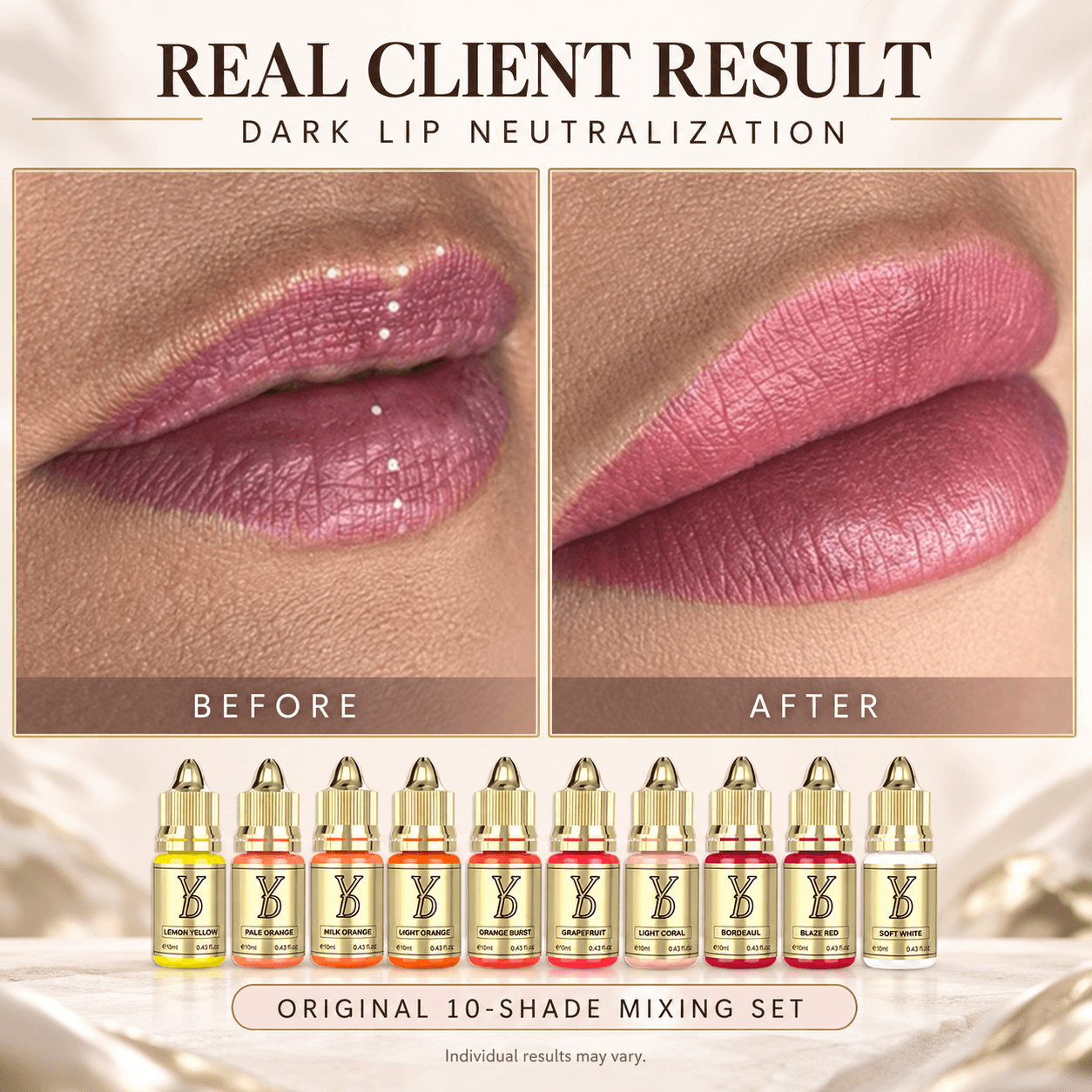 Before and after dark lip neutralization result with YDPMU NEO Organic 10-shade mixing set