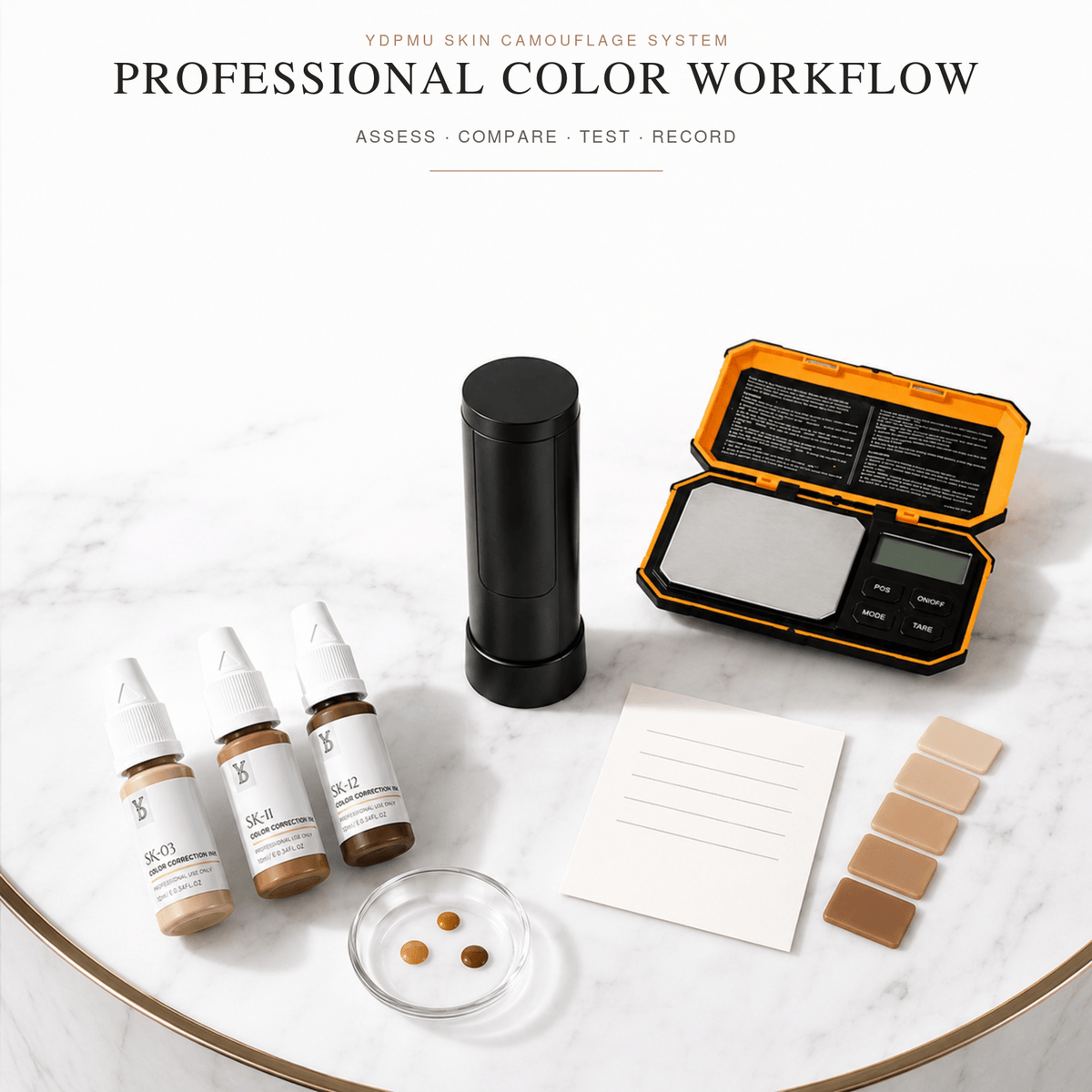 YDPMU professional skin camouflage color workflow with pigments, Skin Reader, scale and mixing tools